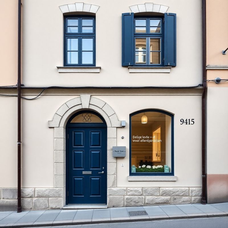 Fasada svetovalne pisarne v Novem Mestu z indigo vrati in kamnitim portalom