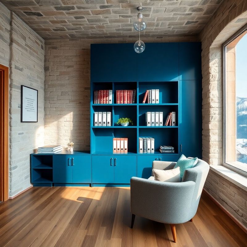 Notranjost svetovalne pisarne v Novem Mestu z izpostavljenim kamnitim zidom in indigo policami
