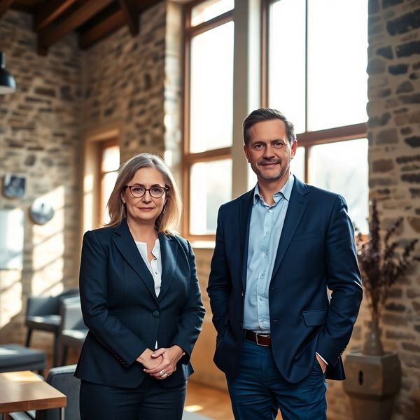 Portret dveh svetovalcev v svetlem pisarniškem prostoru z indigo poudarki